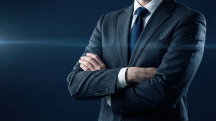 A confident business professional in a pinstripe suit standing with arms crossed against a dark background