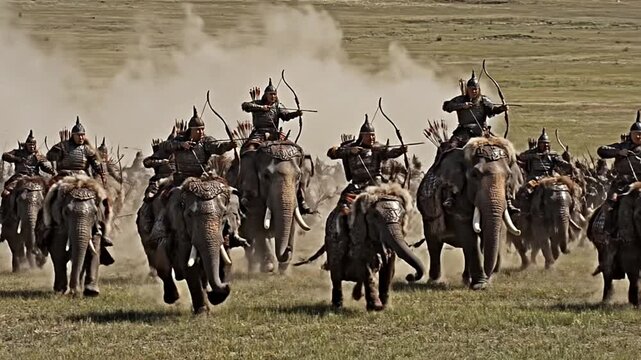 Elephant Cavalry charging across grassy plains with archers aiming bows in epic battle