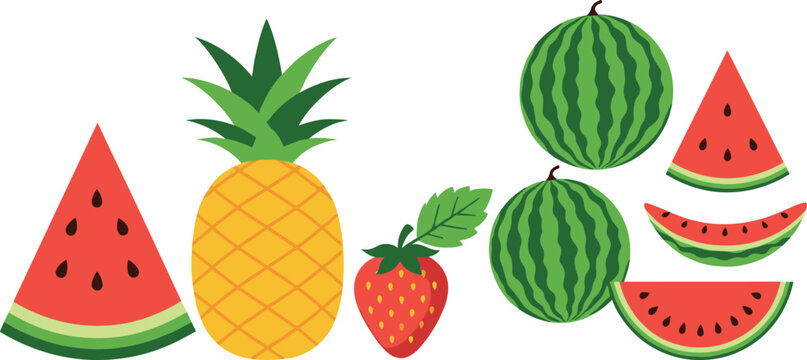Vector illustration set of fresh tropical fruit featuring a pineapple strawberry whole striped watermelons and various red fruit slices