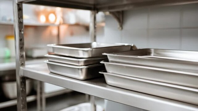 Medium shot of open shelving in sterile processing alcove focus on stainless steel trays stacked precisely with blurred background showing surgical instrument storage.