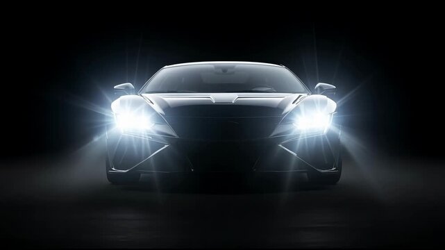 front view luxury sports car headlights, moody studio lighting, glossy black body, cinematic lowangle reveal, aggressive grille, illuminated DRL, subtle haze,
