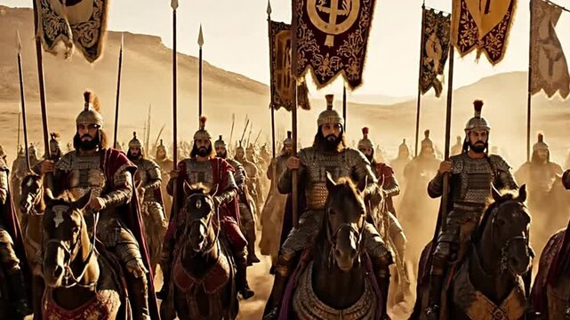 Epic ancient cavalry army marching through sandy desert with banners and spears