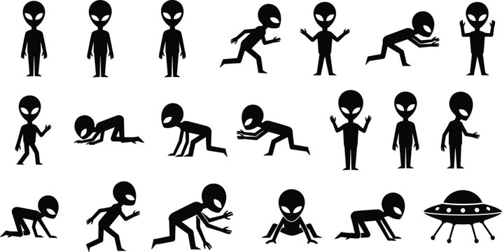 Alien silhouette character set with multiple poses and UFO, black vector illustrations for sci fi themes, space design, cartoons, icons, and creative graphics