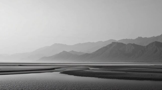 Monochromatic Mountain Landscape with River and Hazy Peaks