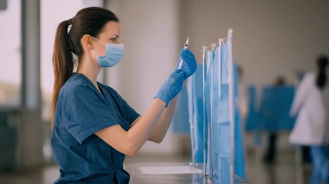 Medium shot of a healthcare worker preparing a vaccination station with foldable privacy screens soft focus on surrounding blurred clinic environment.