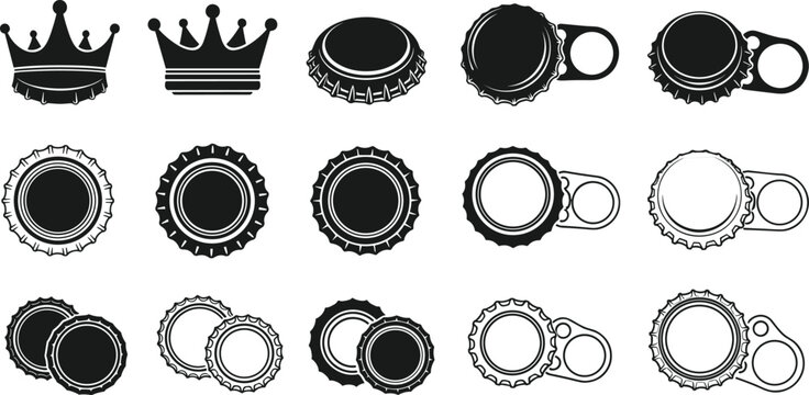 Bottle cap and crown silhouette icon set isolated on white background, beer caps and openers for beverage branding, packaging design, labels, and graphic projects
