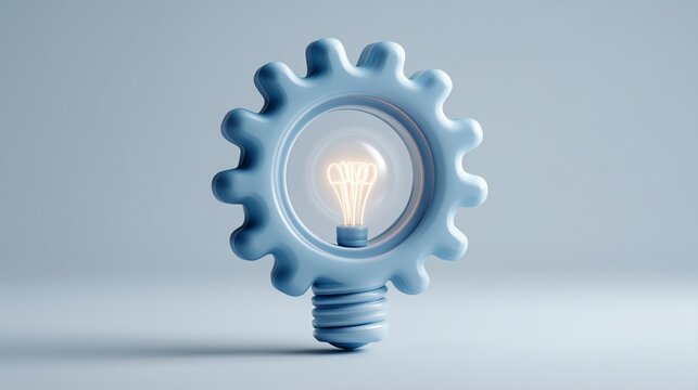 Stylized electric light bulb with visible filaments is embedded in blue gears to merge ideas with mechanical physics. Strategic innovation and engineering concepts represent R&D for tech branding 
