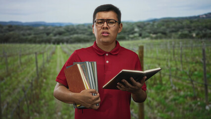 Obraz premium Young man wearing red polo and glasses holding several books and reading from an open notebook in a forest vineyard; study concentration.