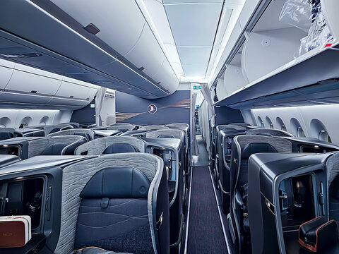 Turkey, Istanbul, December, 27, 2025: Comfortable seats in the Turkish Airlines business class cabin inside the aircraft. The concept of comfortable flights.