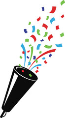 Silhouette of a party popper with colorful confetti and streamers