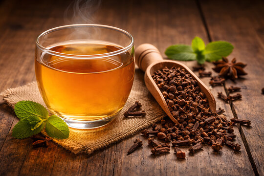 A steaming cup of tea with cloves and mint leaves on a wooden table
