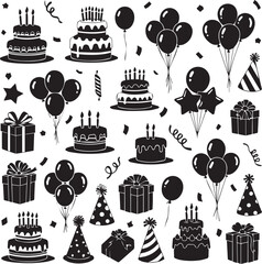 Birthday celebration silhouette graphics with cakes balloons gifts and confetti
