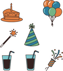 Birthday celebration elements including silhouette party icons