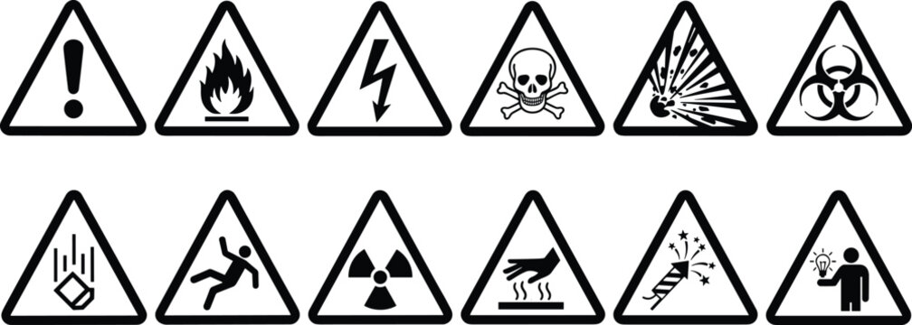 Vector Icon Set of Industrial Safety Warning Signs Including Danger, Flammable, High Voltage, Toxic, Radiation, and Biohazard Symbols for Workplace Safety