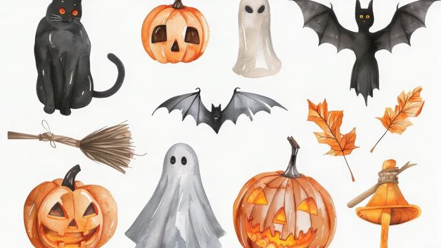 Video Watercolor of Halloween-themed objects