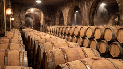 Rows of Oak Wine Barrels Aging in a Historic Underground Cellar