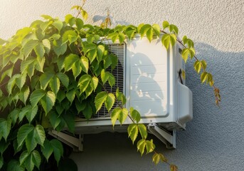 Air Conditioner Unit Covered in Green Ivy Vines on a Sunny Wall.