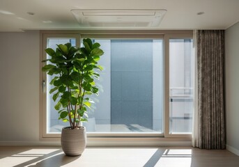 Bright and Minimalist Living Room with Large Fiddle Leaf Fig Plant by a Window.