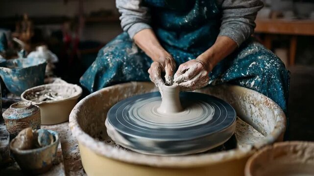 Instructor demonstrating centering clay on the pottery wheel medium shot captures hands shaping the lump with studio clutter gently blurred.