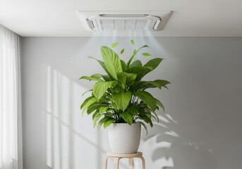 Indoor plant under a ceiling air conditioner in a modern room.