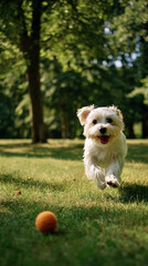Dog on a walk. Dog walking in nature. A small breed dog runs on the grass in the summer. A pet walks in the park in sunny weather