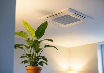 Indoor plant and ceiling-mounted air conditioner in a modern room.