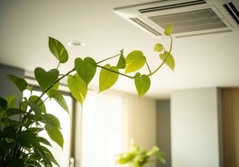 Lush green houseplant leaves with a ceiling air conditioner in a bright room.