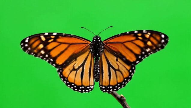 A vibrant monarch butterfly with orange and black wings spread wide, perched on a branch against a vivid green background, highlighting the delicate beauty of nature
