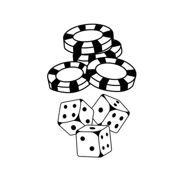 minimalist hand drawn casino chips and dice line art vector illustration