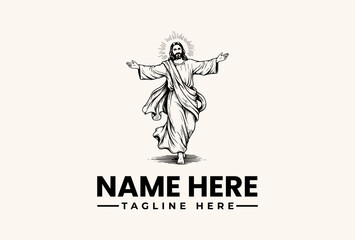 Fototapeta premium A black and white illustration of Jesus Christ with outstretched arms, wearing a robe, surrounded by a halo, on a beige background with space for a logo and tagline.