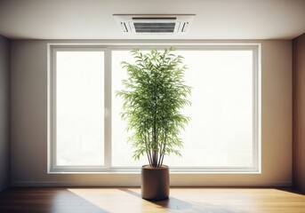 Minimalist Room with Large Window and Potted Plant.