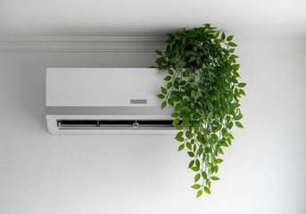 Modern air conditioner with lush green plant on a white wall.
