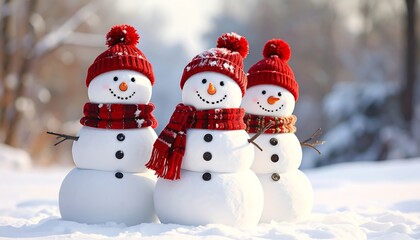 Fototapeta premium Three snowmen adorned with red hats and scarves in winter.