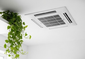 Modern Ceiling Cassette Air Conditioner Unit with Lush Green Pothos Plant.