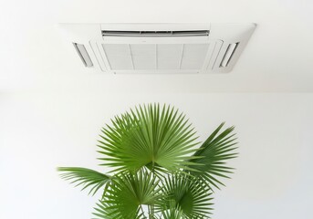 Modern Ceiling Mounted Air Conditioner Unit Above a Lush Green Palm Plant in a Bright Room.