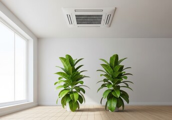 Modern minimalist room with two green plants and ceiling air conditioner.