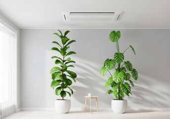 Modern Minimalist Room with Two Tall Potted Plants and Ceiling Air Conditioner.