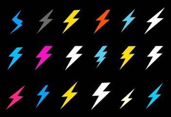 Set of stylized lightning bolt icons in various designs and orientations, perfect for digital projects,  electricity,  flash