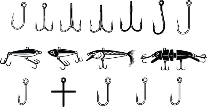 Fishing hook and lure silhouette collection featuring assorted hooks treble hooks and bait lures in black vector style for angling sport fishing tackle design and outdoor illustration projects