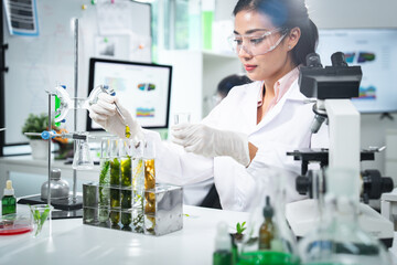Fototapeta premium Scientist conducting plant-based biotechnology research in a clean laboratory, presenting sustainability, clean energy, bioinnovation, and climate action concepts for ESG, green tech, corporate use.