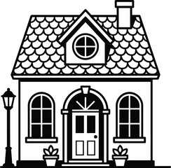 Black and White Vector Illustration of a Cozy Traditional House with Shingle Roof Arched Windows Flower Pots a Chimney and Street Lamp Post