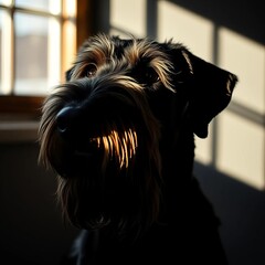 Shadows sculpt the rugged muzzle of a regal Airedale, a silent sentinel in dramatic light,  unique,  dramatic