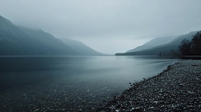 Moody mountain lake valley with rocky shore under cloudy sky