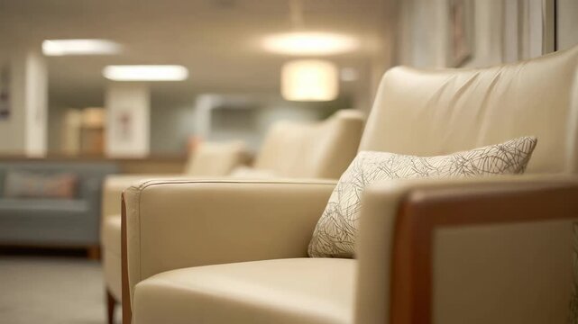 Medium shot focusing on comfortable lounge chairs in a clinic staff room capturing a nurse resting while the rest of the room fades gently out of focus.