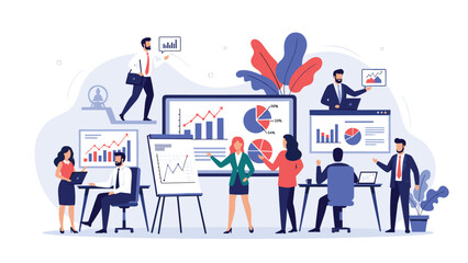 Fototapeta premium Busy corporate office scene with diverse professionals analyzing various data charts and graphs on different screens and whiteboards.