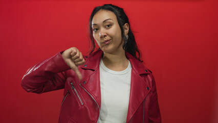 Young hispanic woman showing thumbs down in red studio wearing red leather jacket and white tshirt  disapproval. © Krakenimages.com