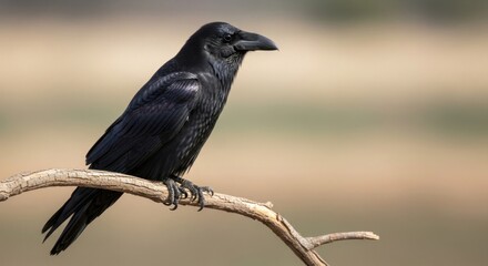 Obraz premium Black raven perched on twig, plain backdrop, side view, sharp focus