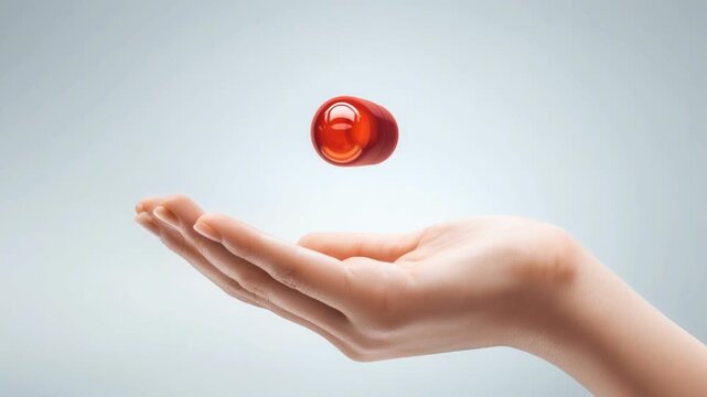 Surreal red capsule floating above open hand, abstract medicine concept
