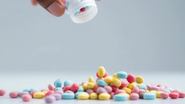 Colorful pills spilling from bottle, medication misuse risk concept