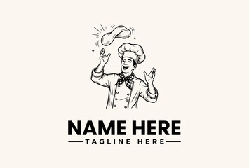 Obraz premium A black and white illustration of a magician conjuring a question mark above his head, with a chef's hat and coat, standing against a clean background with space for a name and tagline.